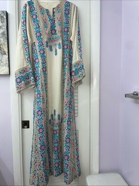 Cream Embroidered Maxi Dress with Blue & Pink Accents